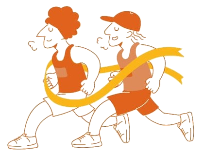 Twee lopers die samen over de finish lopen